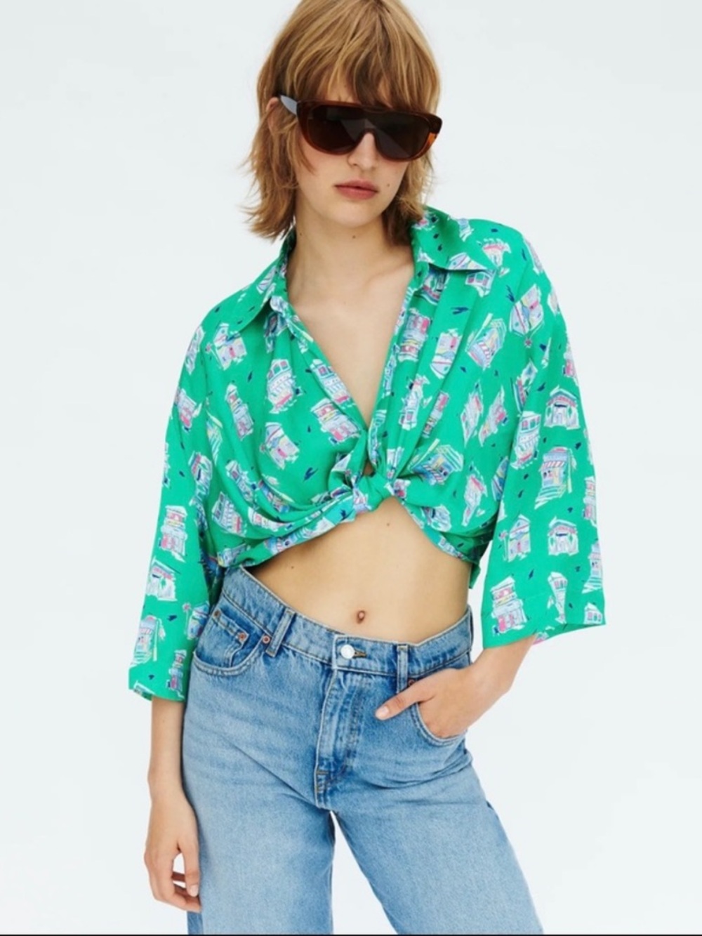 Zara Knotted Satin Printed Green Crop Shirt Size S NWT